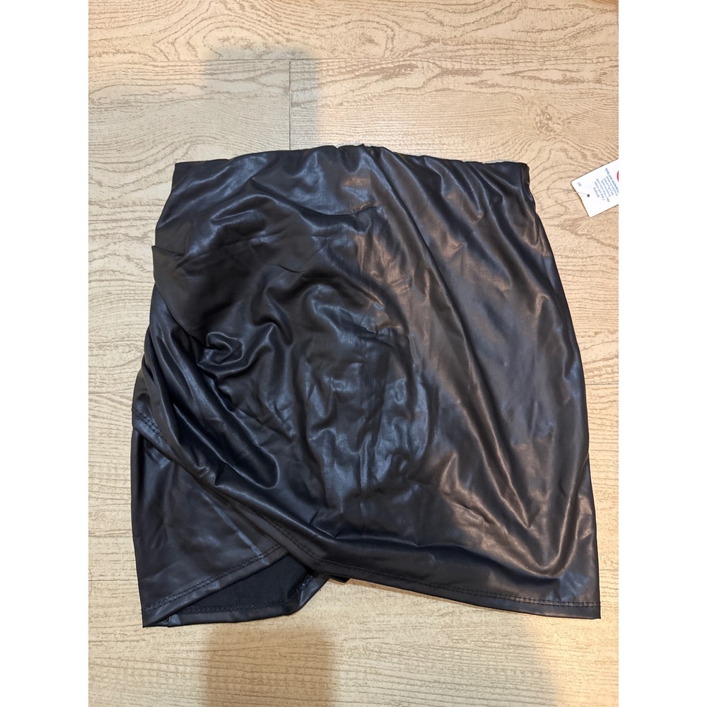 Rainbow Black Faux Leather Mini Skirt Tulip Hem Draped Bodycon‎ Small NEW
